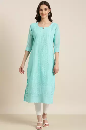 women's calf length round neck turquoise blue embellished straight kurta