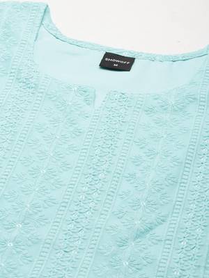 women's calf length round neck turquoise blue embellished straight kurta 3