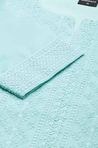 women's calf length round neck turquoise blue embellished straight kurta