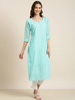 women's calf length round neck turquoise blue embellished straight kurta 5