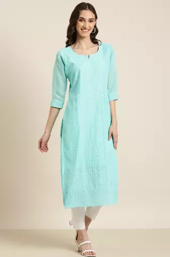women's calf length round neck turquoise blue embellished straight kurta