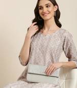 women's calf length round neck sea green embellished straight kurta