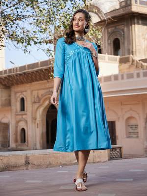 Teal Embroidered Slant Empire Seam Kurta 1