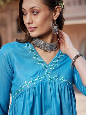 Teal Embroidered Slant Empire Seam Kurta 2