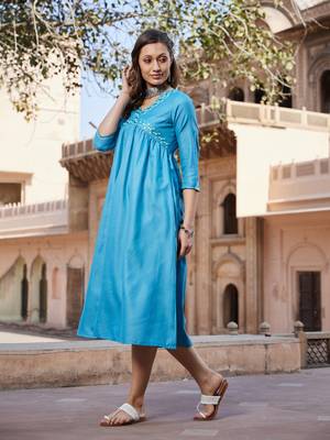 Teal Embroidered Slant Empire Seam Kurta 4