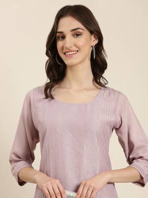 women's calf length round neck lavender embellished straight kurta 1