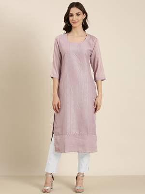 women's calf length round neck lavender embellished straight kurta 2
