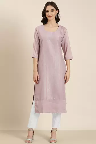 women's calf length round neck lavender embellished straight kurta