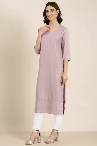 women's calf length round neck lavender embellished straight kurta