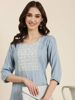 women's calf length round neck blue woven design straight kurta 1