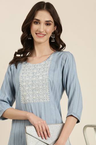 women's calf length round neck blue woven design straight kurta