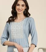 women's calf length round neck blue woven design straight kurta