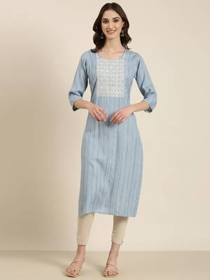 women's calf length round neck blue woven design straight kurta 2