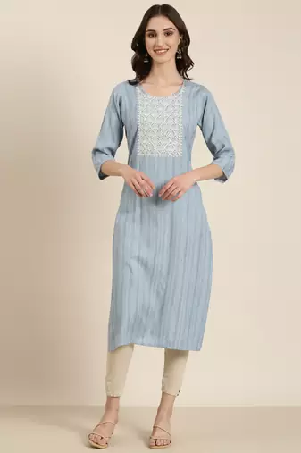 women's calf length round neck blue woven design straight kurta