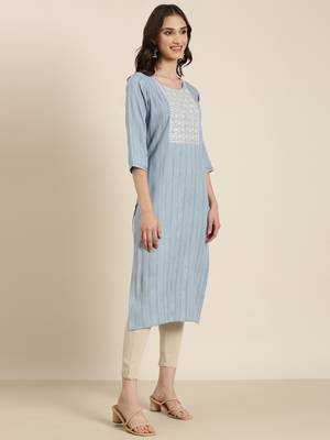 women's calf length round neck blue woven design straight kurta 5