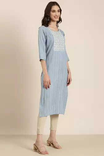 women's calf length round neck blue woven design straight kurta