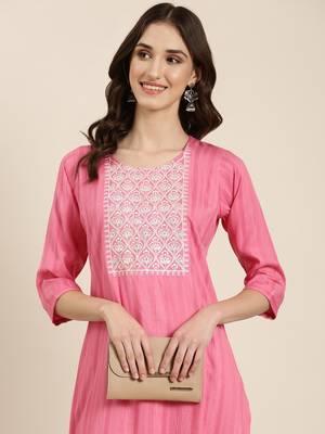 women's calf length round neck pink woven design straight kurta 1