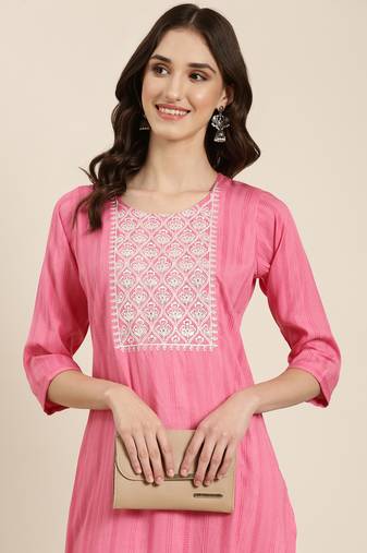 women's calf length round neck pink woven design straight kurta