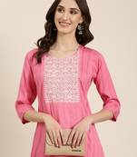 women's calf length round neck pink woven design straight kurta