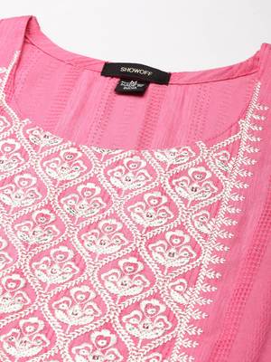 women's calf length round neck pink woven design straight kurta 2