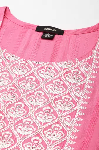 women's calf length round neck pink woven design straight kurta