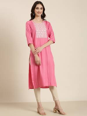 women's calf length round neck pink woven design straight kurta 3