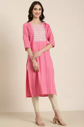 women's calf length round neck pink woven design straight kurta