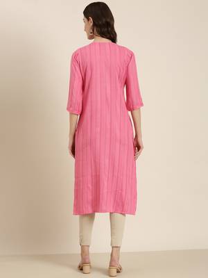 women's calf length round neck pink woven design straight kurta 4