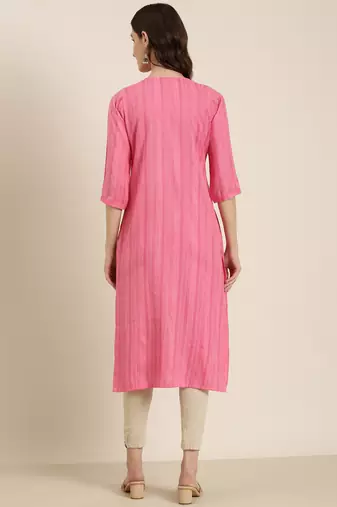 women's calf length round neck pink woven design straight kurta