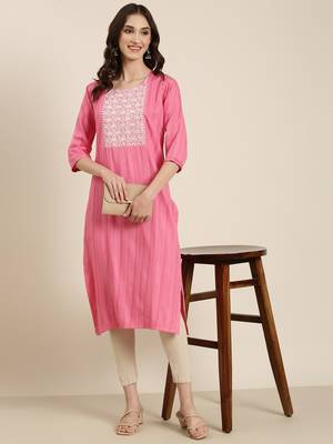 women's calf length round neck pink woven design straight kurta 5
