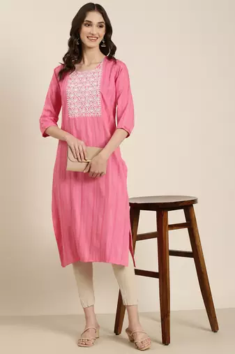 women's calf length round neck pink woven design straight kurta