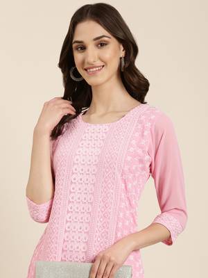 women's calf length round neck pink embellished straight kurta 1