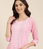 women's calf length round neck pink embellished straight kurta