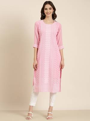 women's calf length round neck pink embellished straight kurta 2