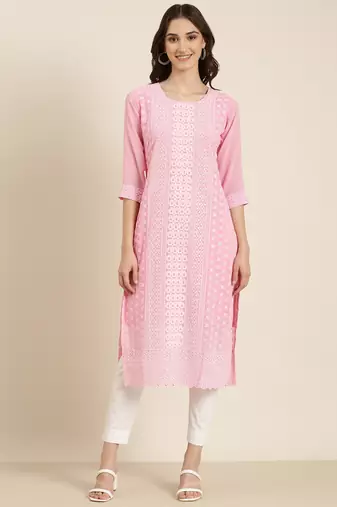 women's calf length round neck pink embellished straight kurta