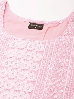 women's calf length round neck pink embellished straight kurta 3