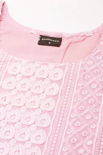 women's calf length round neck pink embellished straight kurta