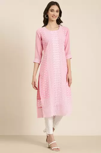 women's calf length round neck pink embellished straight kurta