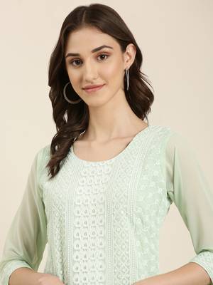 women's calf length round neck sea green embellished straight kurta 1