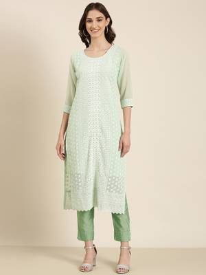 women's calf length round neck sea green embellished straight kurta 2