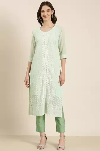 women's calf length round neck sea green embellished straight kurta