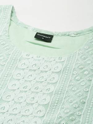 women's calf length round neck sea green embellished straight kurta 3
