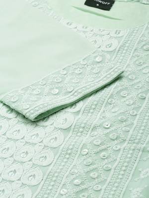 women's calf length round neck sea green embellished straight kurta 4