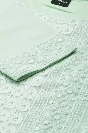 women's calf length round neck sea green embellished straight kurta