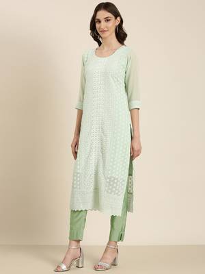women's calf length round neck sea green embellished straight kurta 5