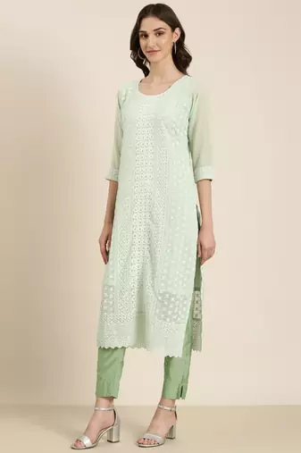 women's calf length round neck sea green embellished straight kurta