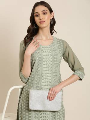 women's calf length round neck olive embellished straight kurta 1