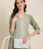 women's calf length round neck olive embellished straight kurta