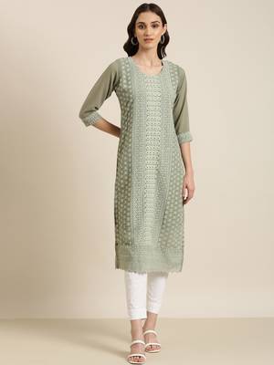 women's calf length round neck olive embellished straight kurta 2