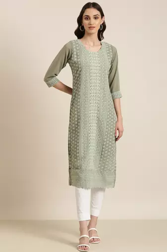 women's calf length round neck olive embellished straight kurta